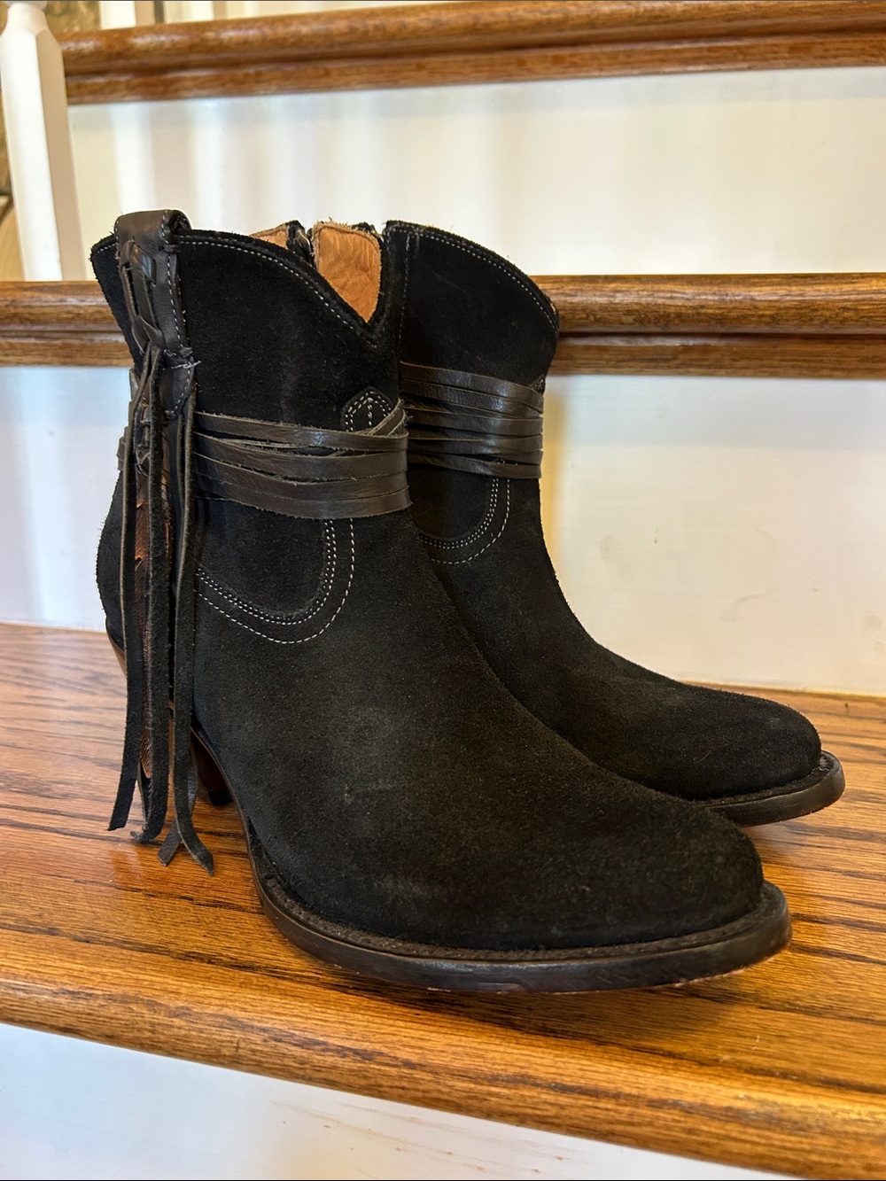 Lucchese 10 B Robyn Feather Suede Women's Black Western Ankle Boots with Fringe